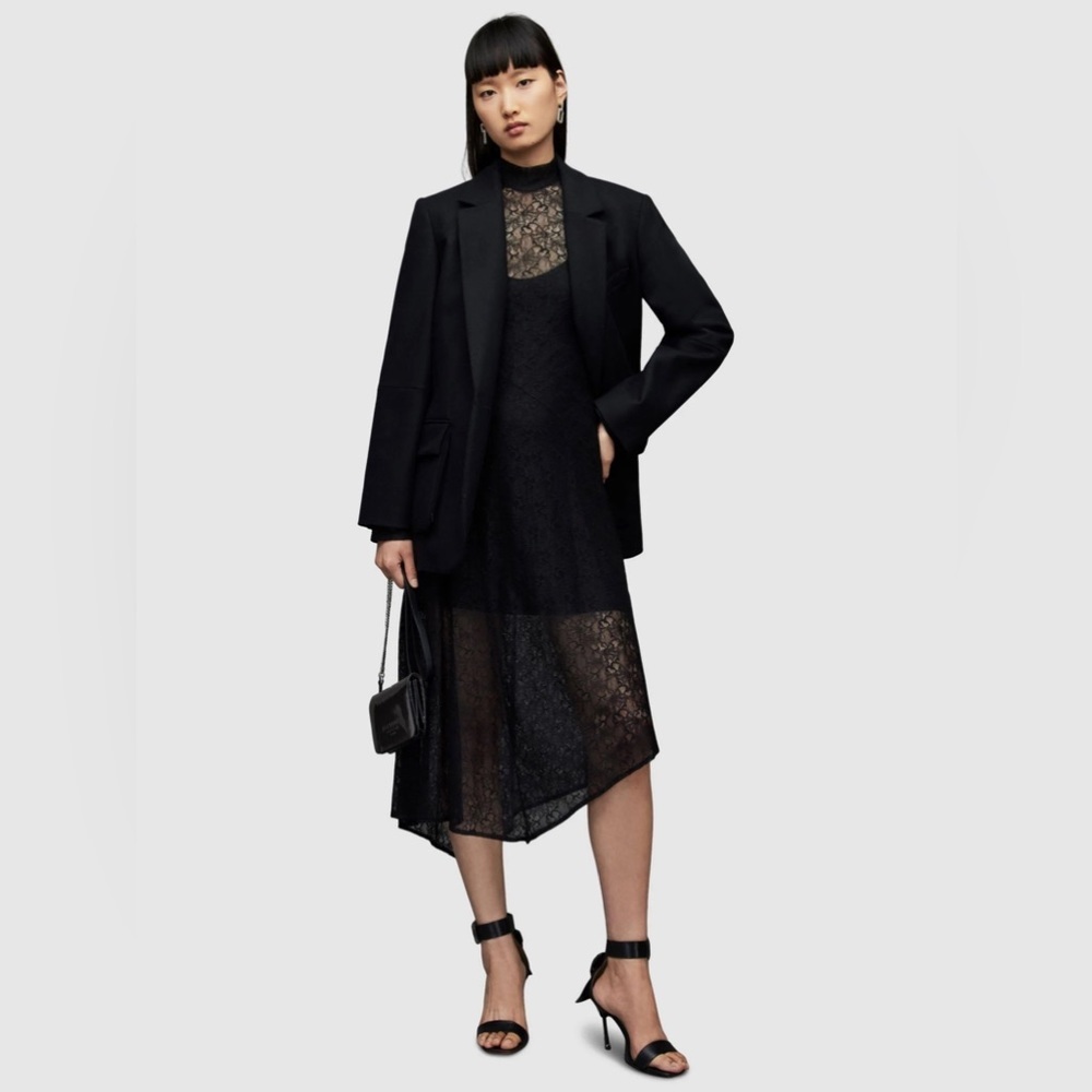 NWT All Saints Hanna Lace Black Asymmetrical Mock Neck Midi Dress Size US 8 - Picture 2 of 16